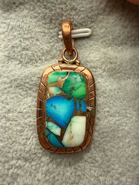 Copper Inlay Turquoise Mosaic Pendant - Blue Green